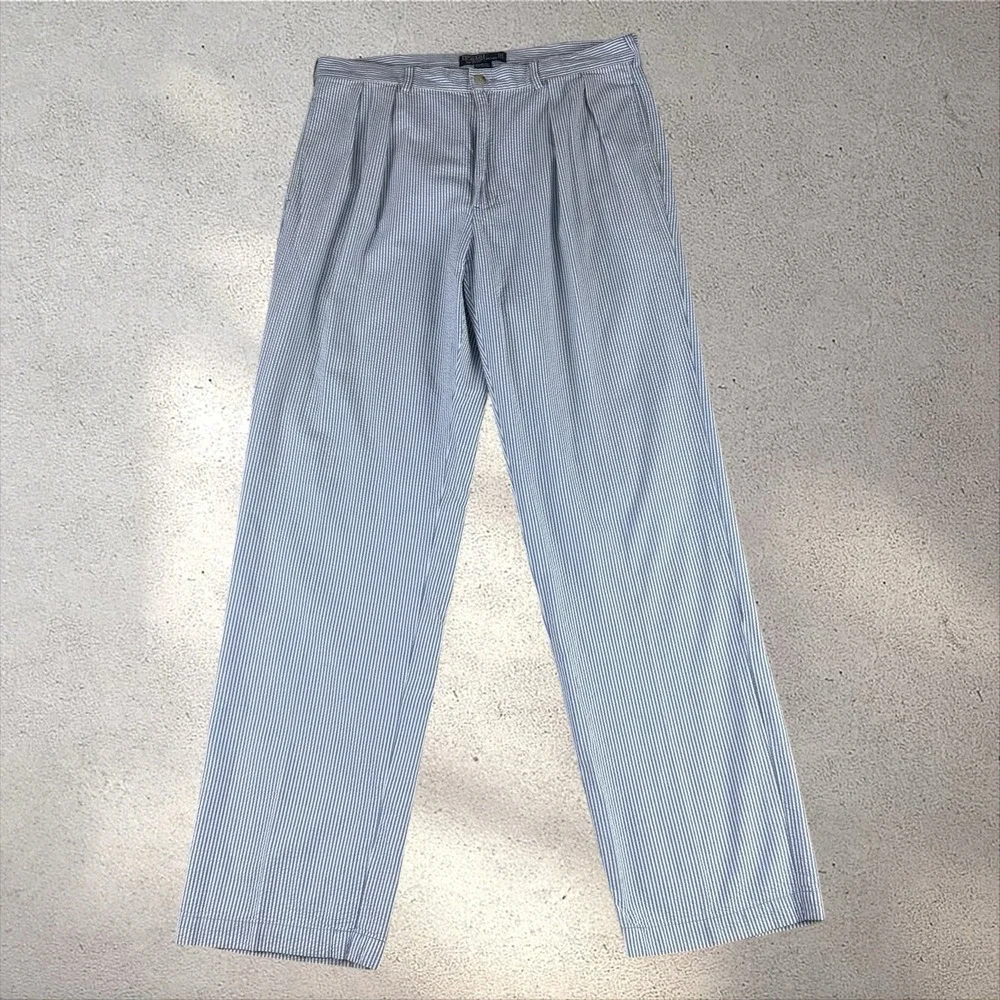 Polo Ralph Lauren Andrew Seersucker 36x34 Relaxed Fit 2 Pleat Dress Trousers